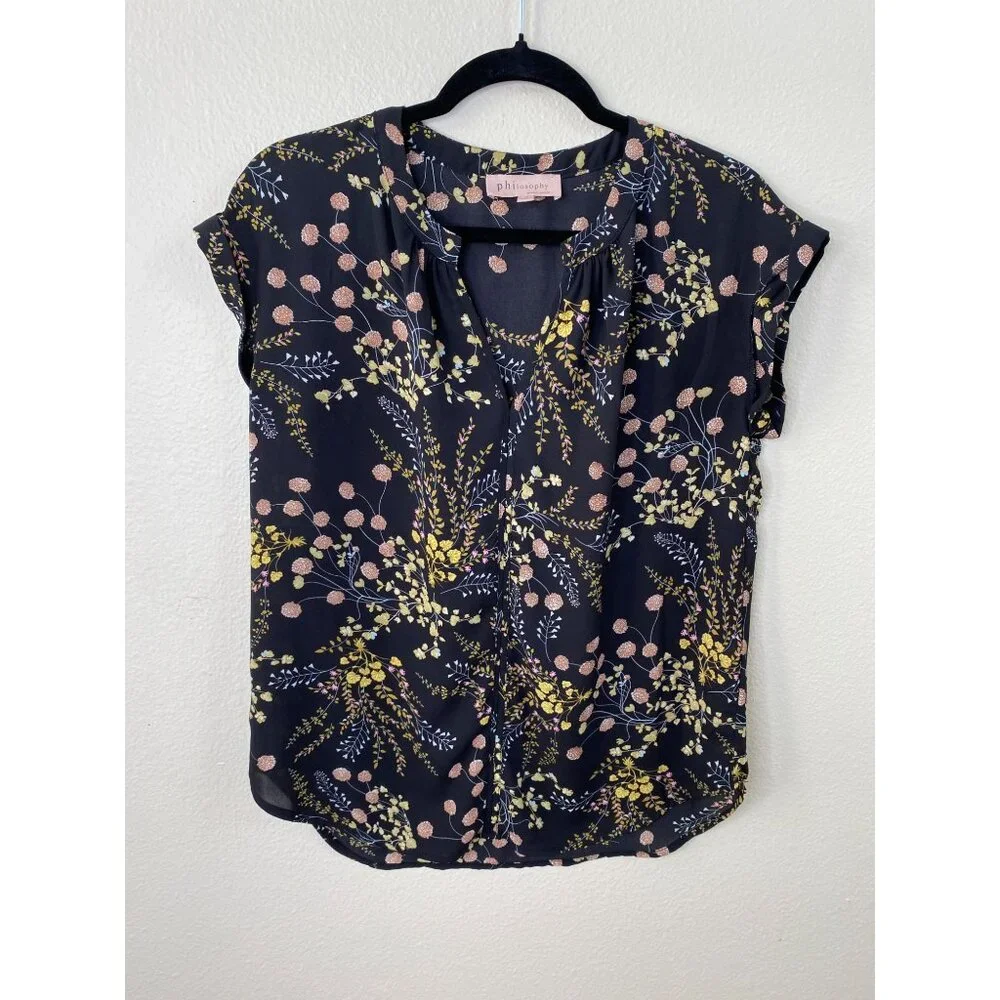 Philosophy Republic Womens Floral Print Blouse S Lightweight Short Sleeve Black - Picture 3 of 7